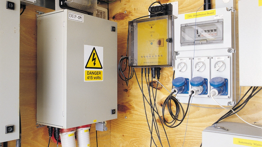 Electrical control panel with warning signs